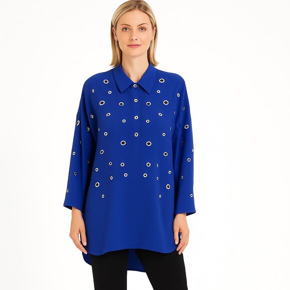 Alberto Makali Blue 3/4 Sleeve Grommet Embellished 2-Piece Tunic Top Set Women L - Picture 1 of 15